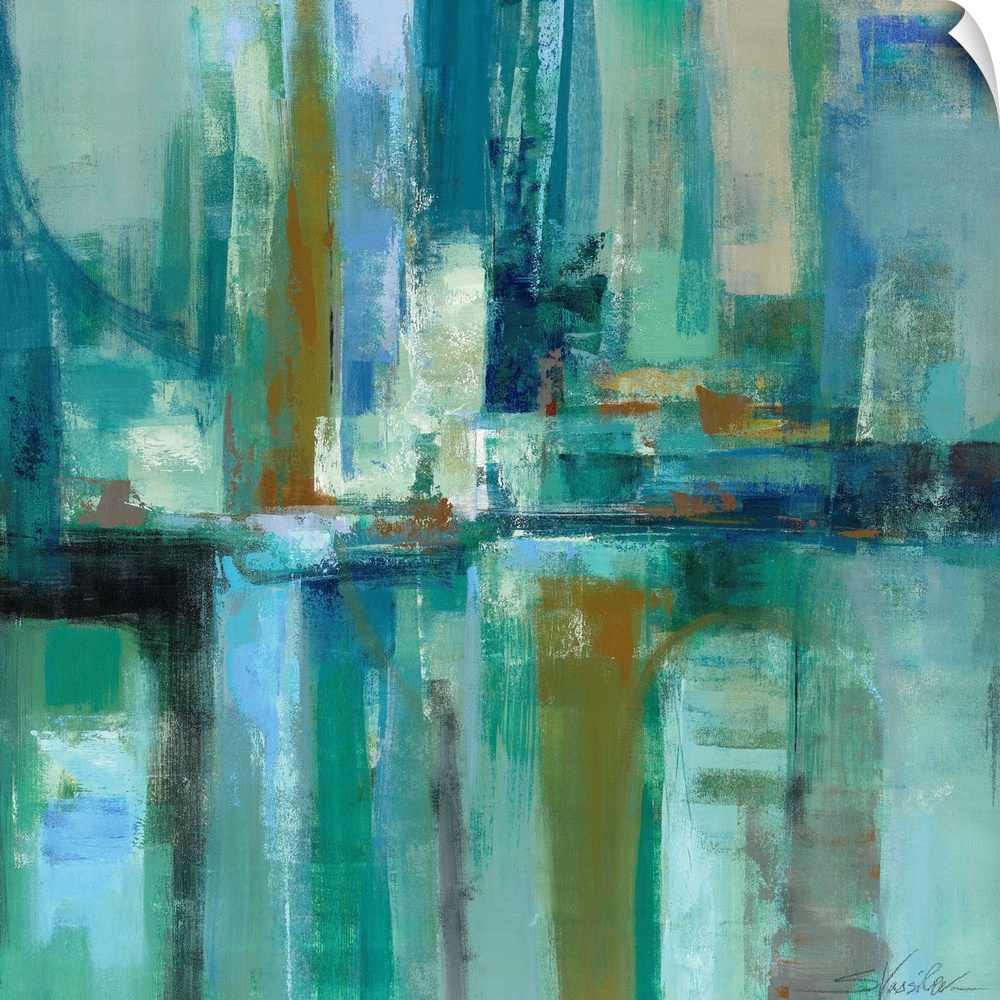 Contemporary abstract painting of rectangular blocks of color in cool tones.