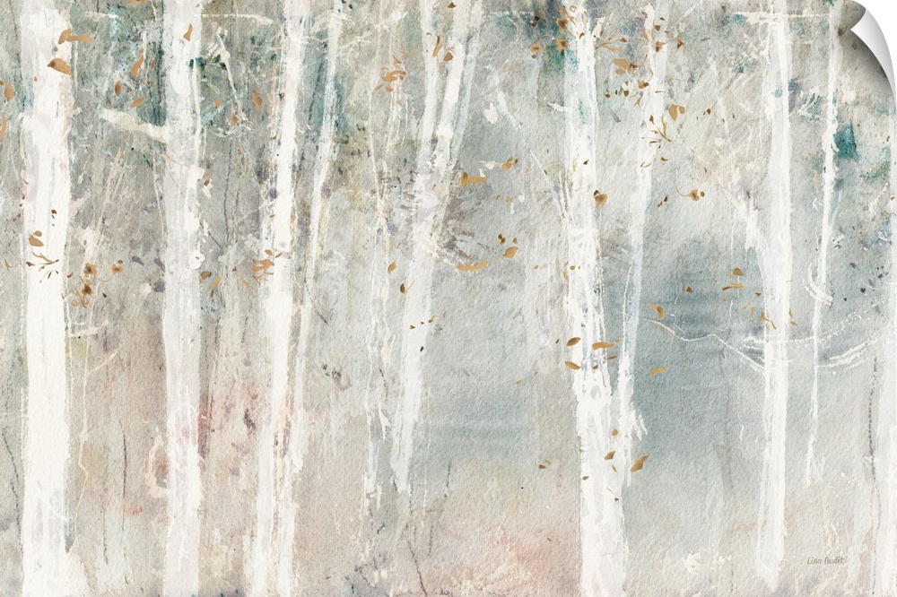 A contemporary abstract landscape of white trees in the forest with a water-colored neutral background and golden leaves.