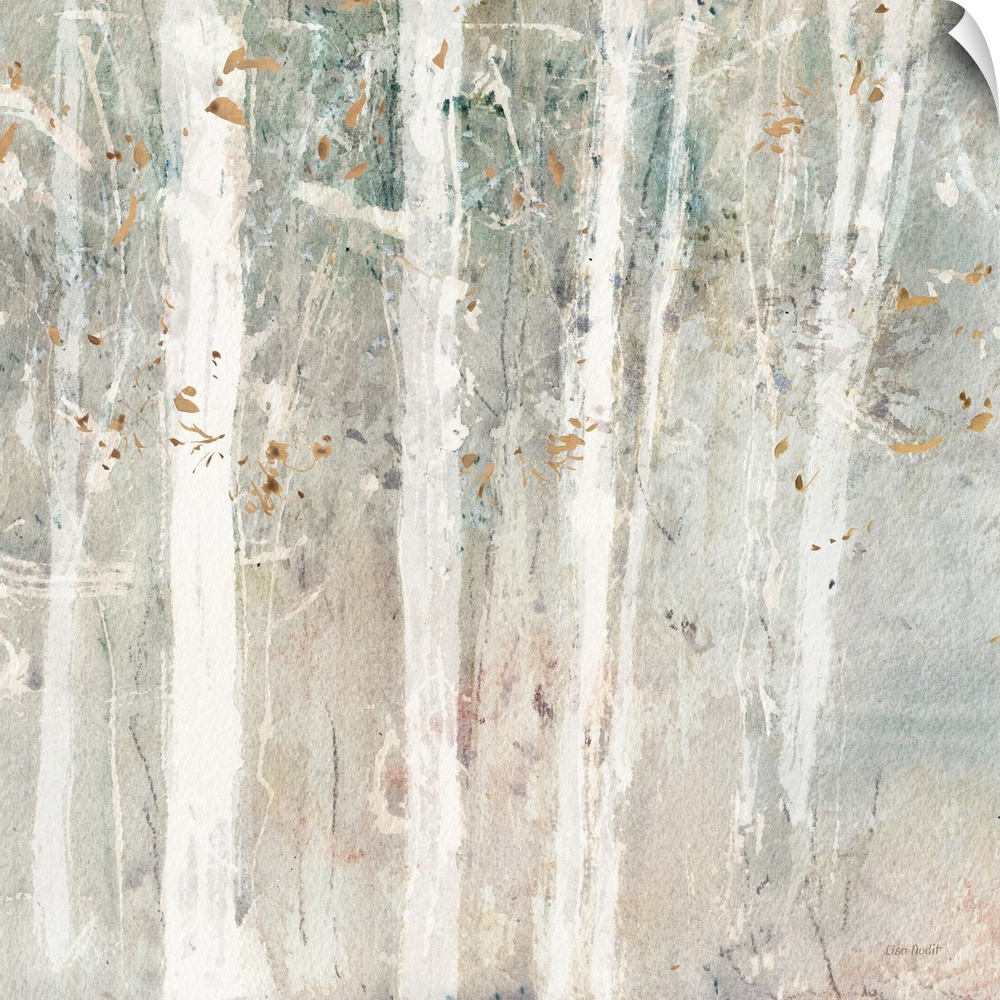 A contemporary abstract landscape of white trees in the forest with a water-colored neutral background and golden leaves.