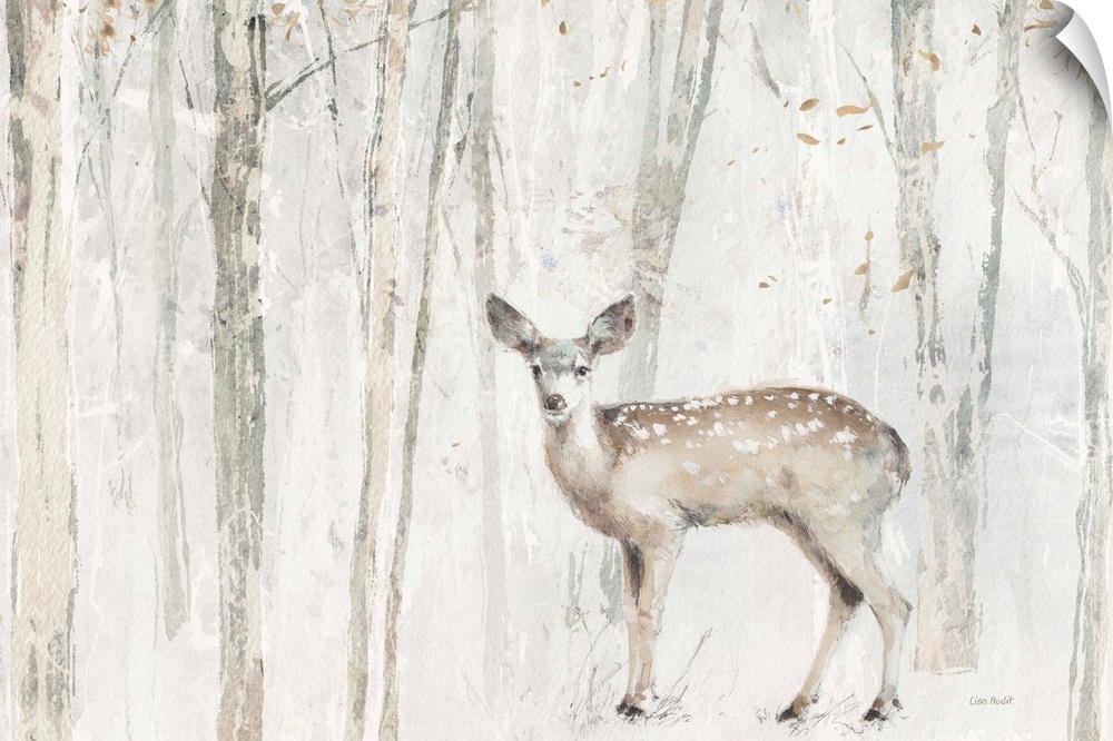 A contemporary of a a young deer in front of a forest with a water-colored neutral background and golden leaves.