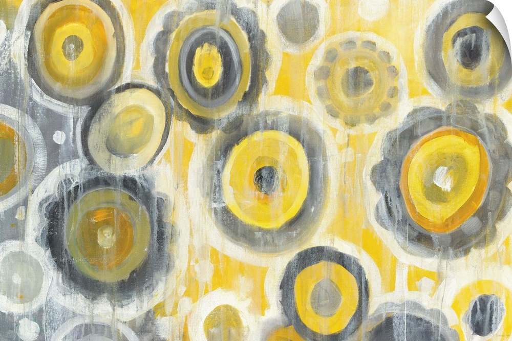 Geometric abstract painting with yellow, gray, and white circles and white paint drips falling from the top to the bottom.