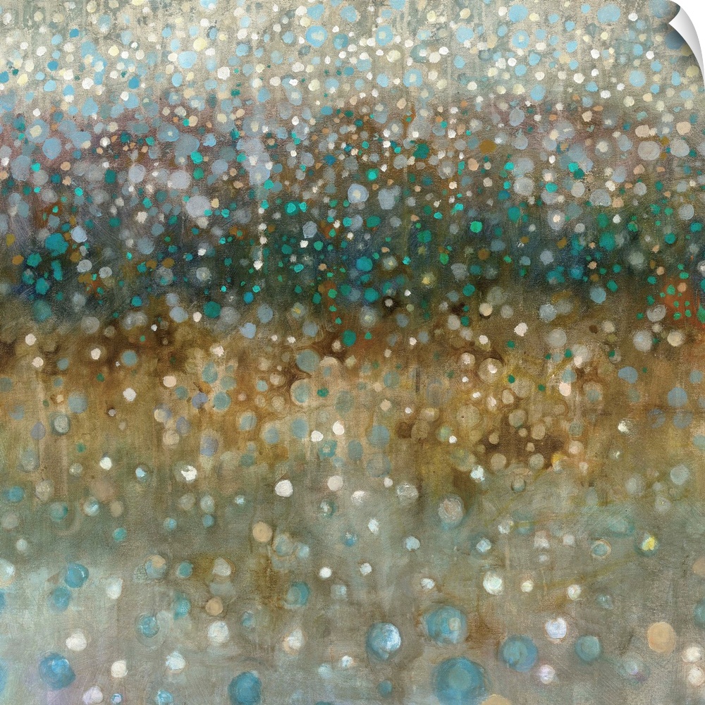An abstract painting of what resembles glittering rain falling in blue and brown tones.