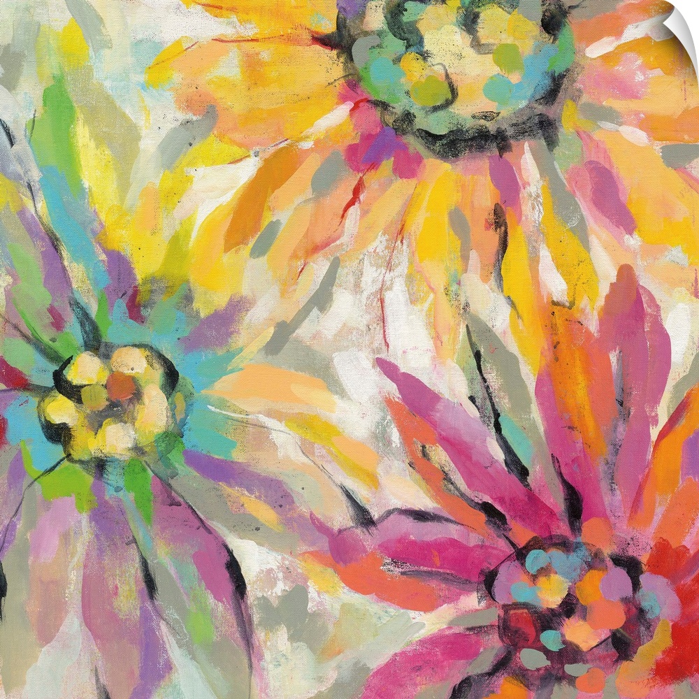 Contemporary painting of vibrant colorful flowers.
