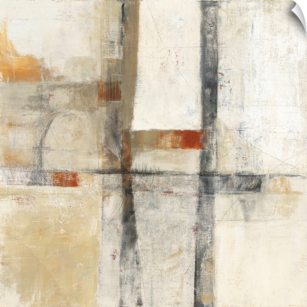 A muted square abstract featuring square shapes and orange accents.