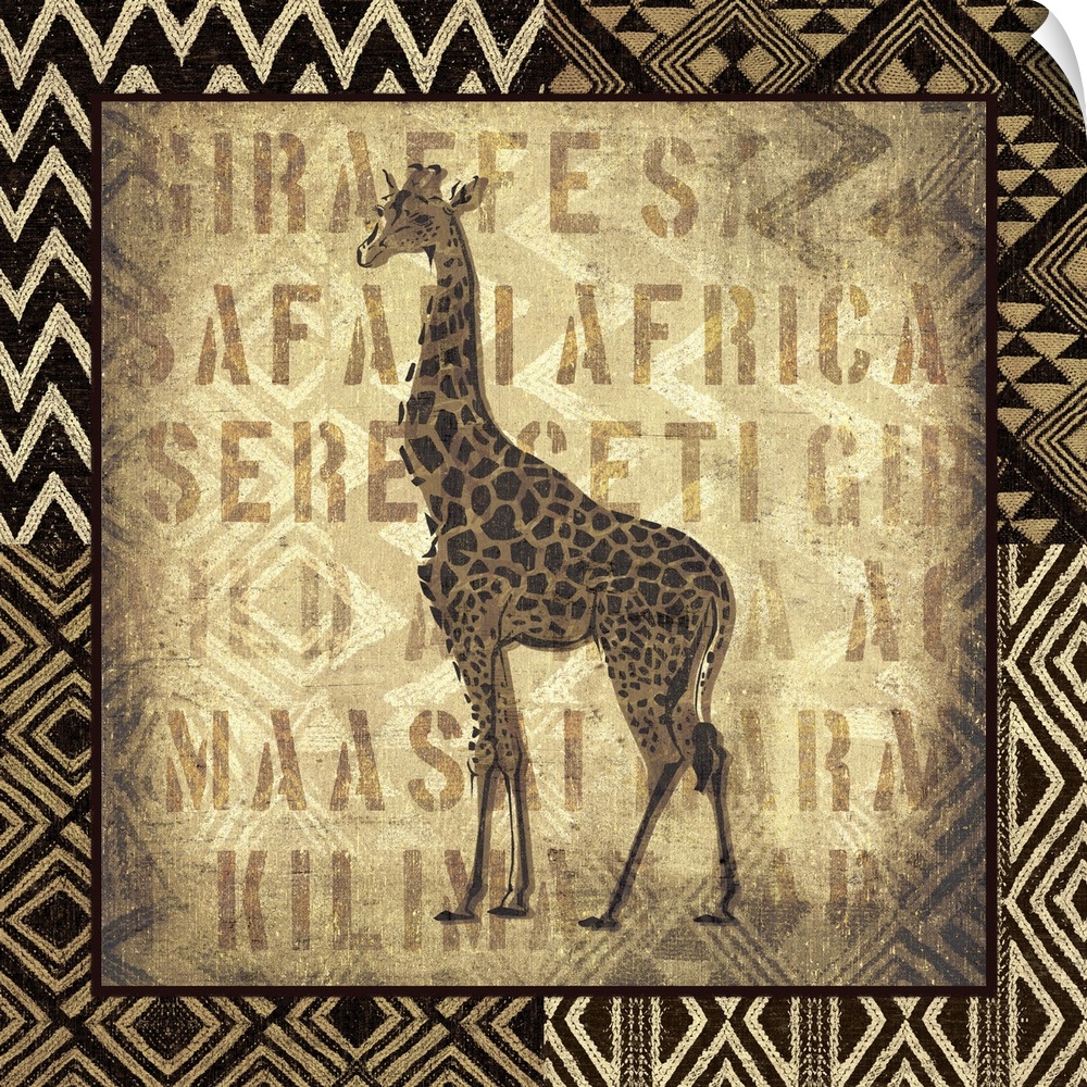 Exotic looking animal art of a giraffe against a background with stenciled text and framed with tribal patterns.