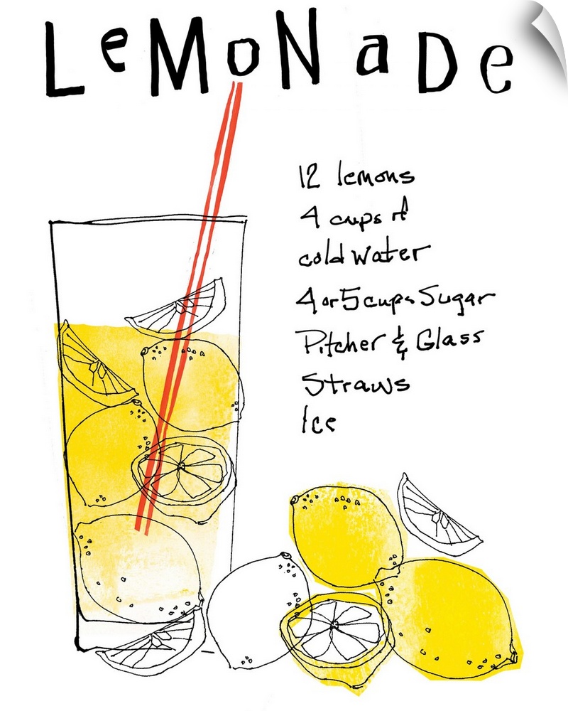 This is a vertical illustration for the living room or kitchen of a hand drawn glass of lemonade and lemons with instructi...