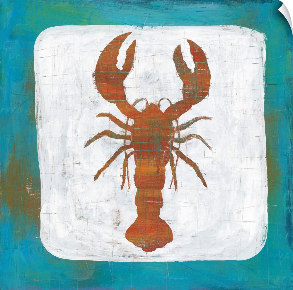 Square painting of a lobster on a white background with a blue boarder and tiny faint scratch marks creating texture and a...