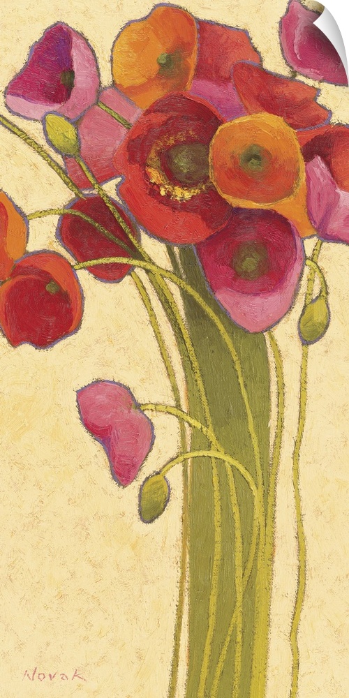 Painting of many long-stemmed Poppies in warm tones against a neutral background.