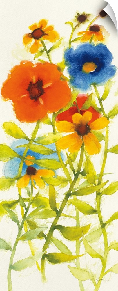Tall watercolor painting of red, yellow, orange, and blue flowers on a white background.