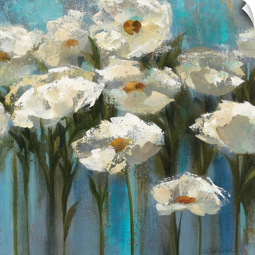Contemporary floral painting of blooming white flowers and stems sticking up on a texture cool background.