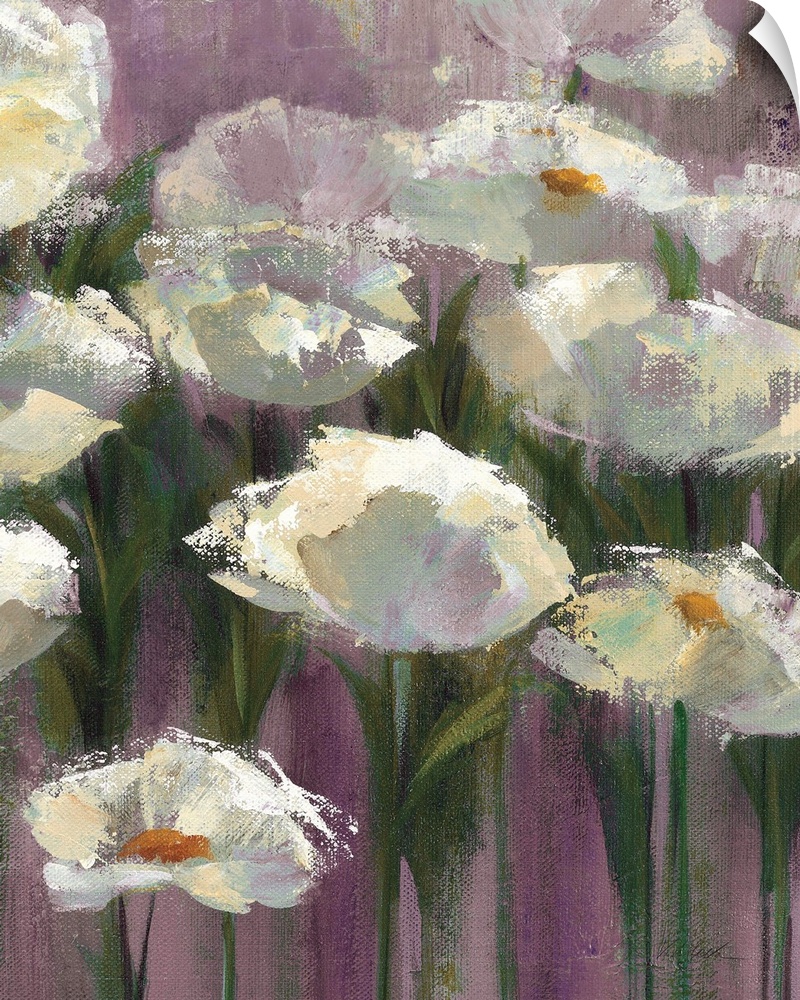 Contemporary artwork of white flowers close-up in the frame of the image. Against a dark purple background.