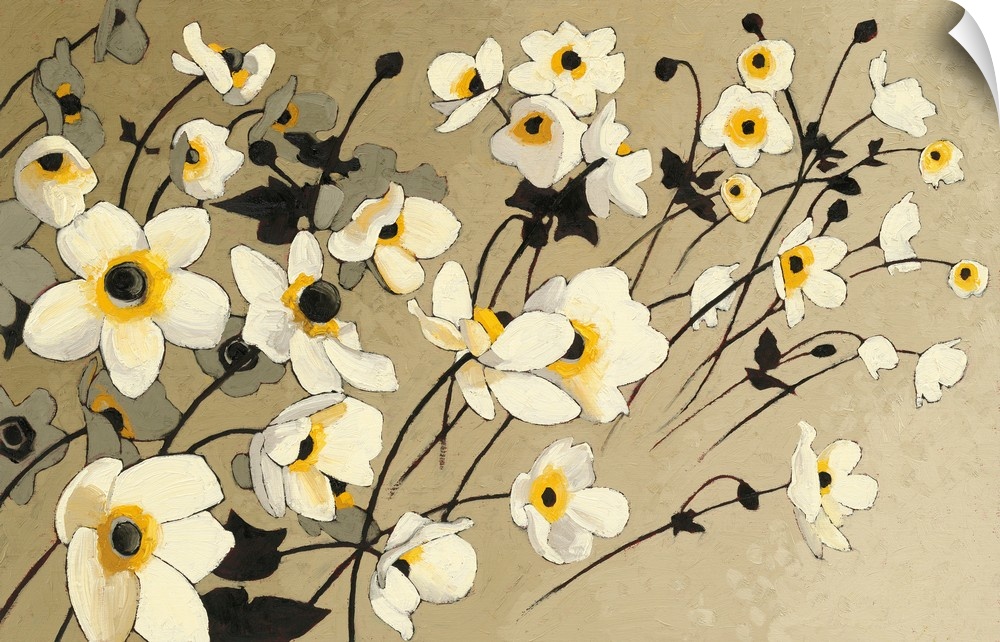 Contemporary painting of garden flowers in white tones against a neutral background.