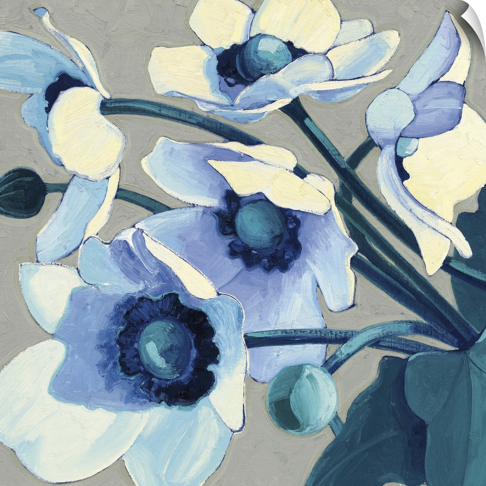 Contemporary painting of garden flowers in blue tones against a neutral background.