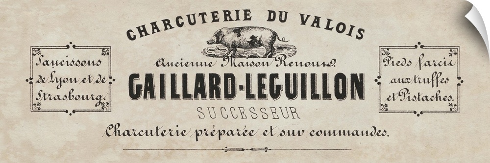 Vintage label for a French butcher shop advertising sausages and pork cuts.