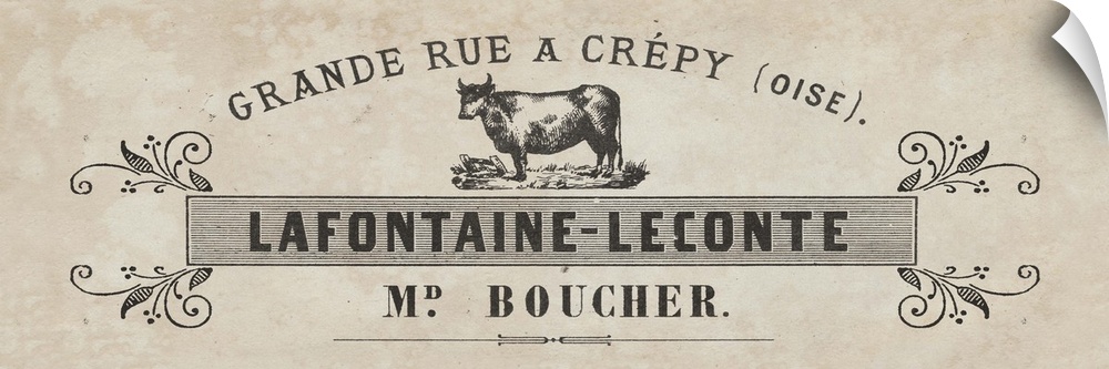Vintage label for a French butcher shop selling cuts of beef.