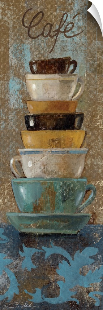 Vertical painting of colorful stacked teacups on a textured background and indicating a Cafo in text at the top.