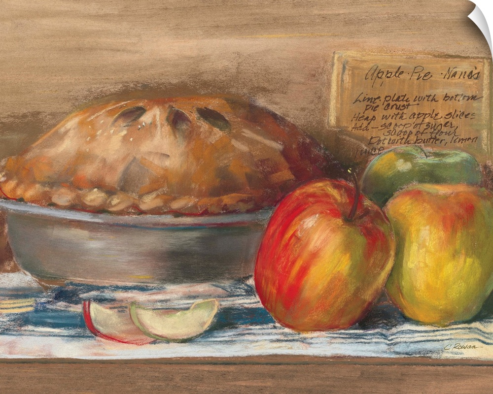 Contemporary painting of a pie next to two apples.