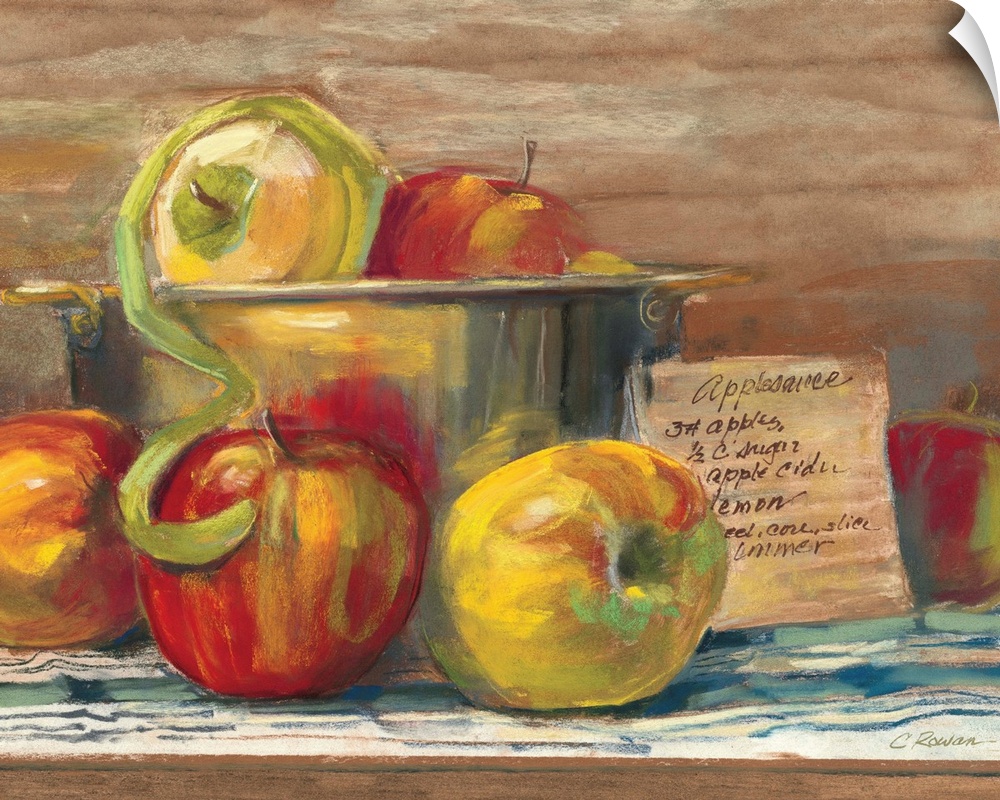 Contemporary painting of a bucket of apples.