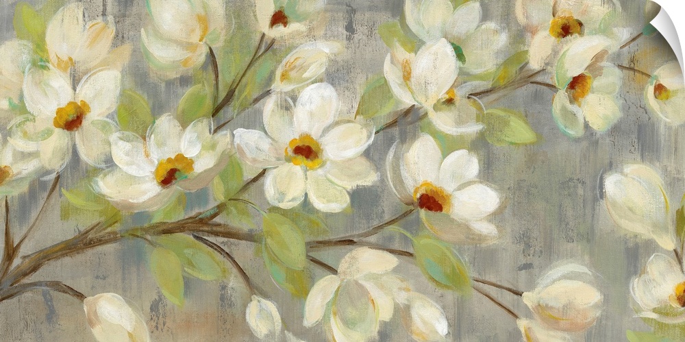 Contemporary painting of magnolia flowers against a pale green background.