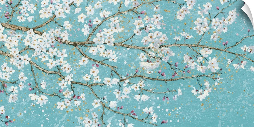Contemporary painting of branches with white flower blossoms.