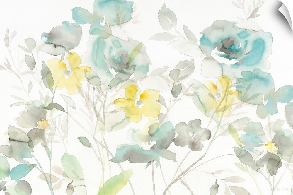 Soft watercolor painting of blue, yellow, and gray flowers on a white background.