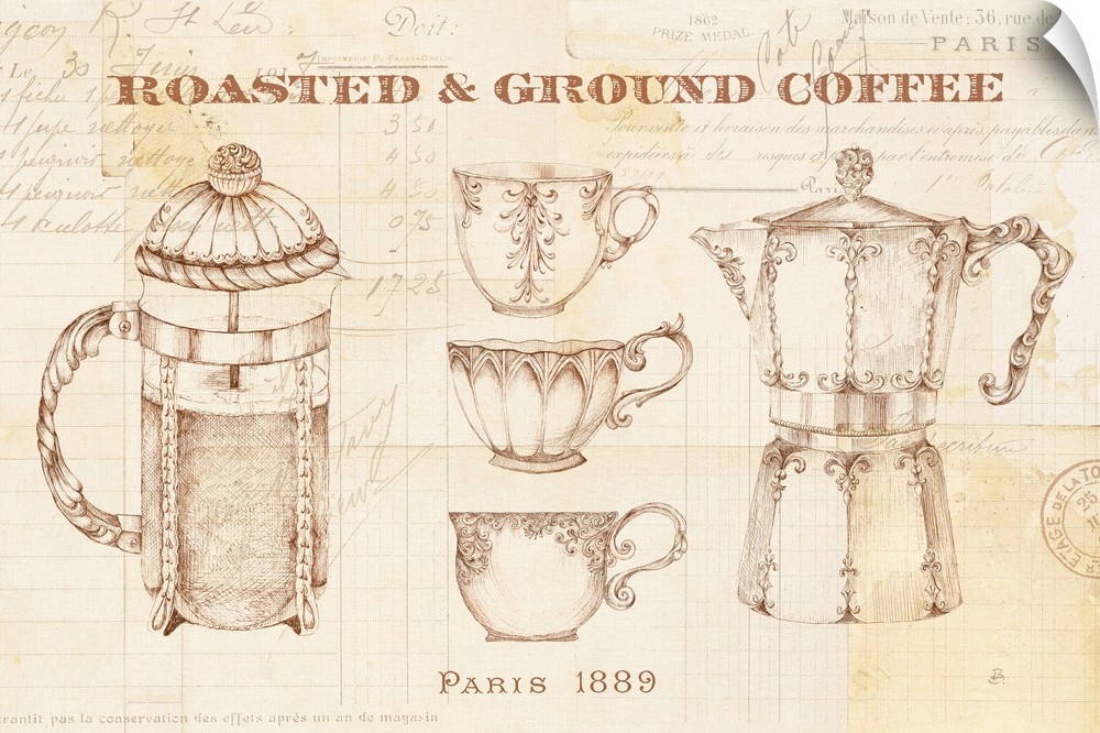 Vintage illustration of beautiful coffee cups, a french press, and a macchinetta on a coffee stained background with "Roas...