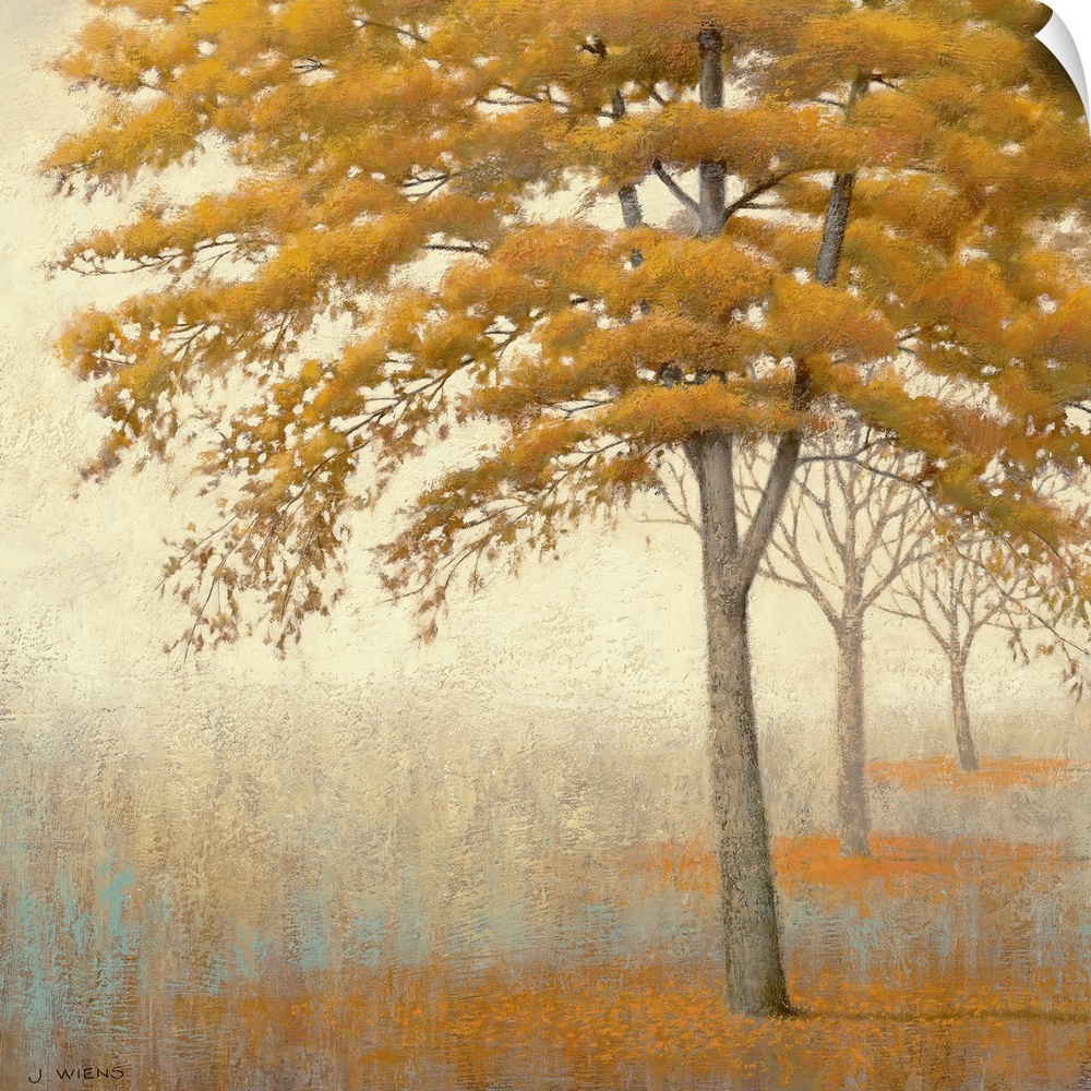 Painting on canvas of a line of trees in a foggy landscape.