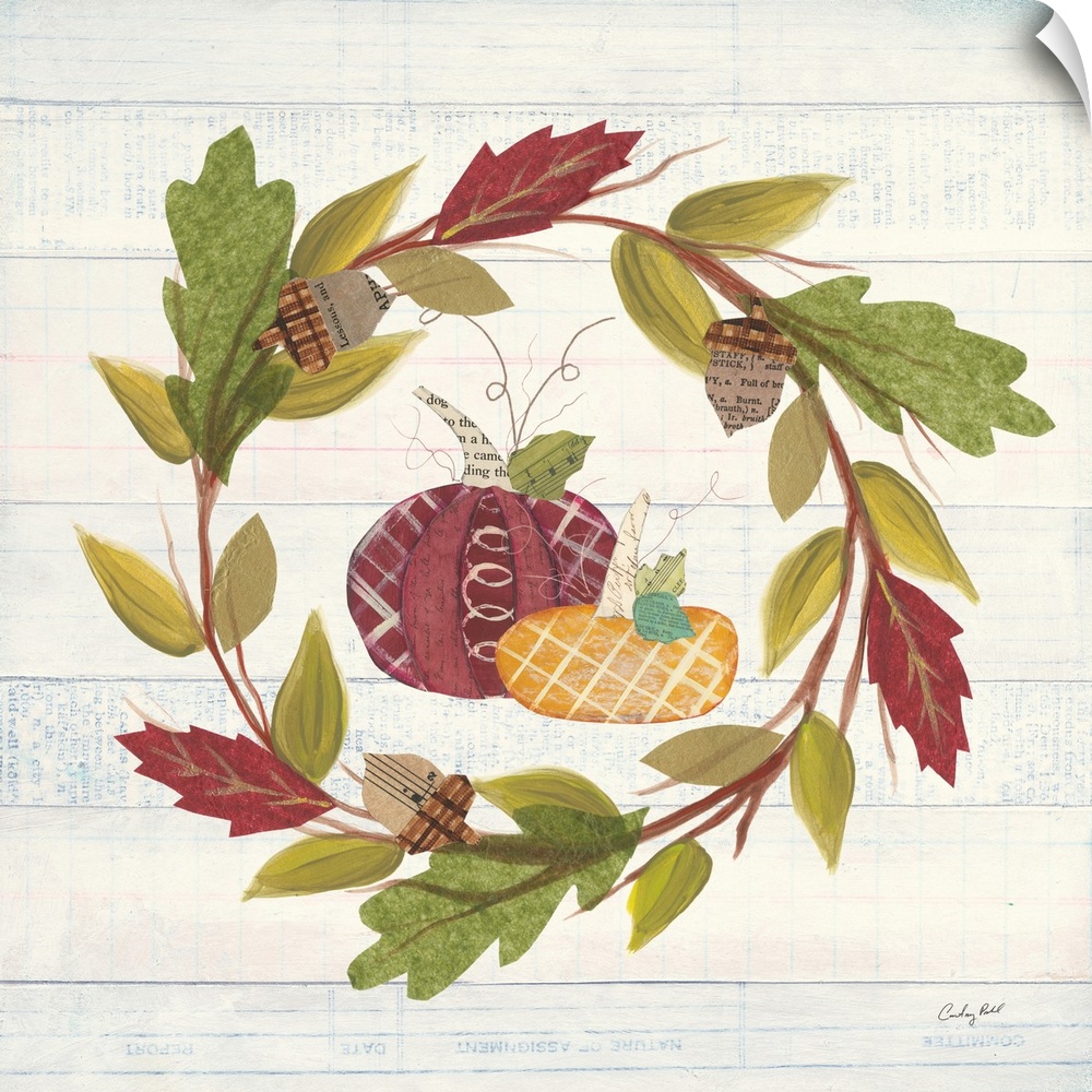 Decorative artwork of a wreath of fall leaves with pumpkins and a white wood background.