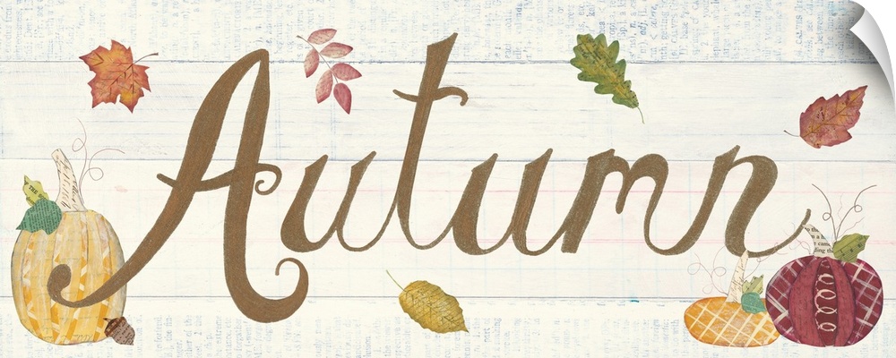 Decorative artwork of the word "Autumn" with fall leaves and pumpkins and a white wood background.