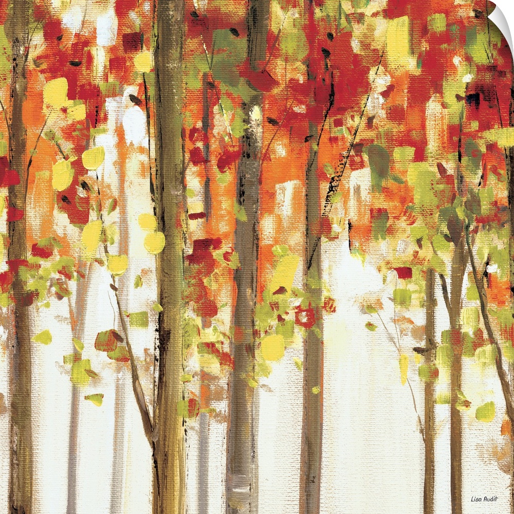 Contemporary painting of tree tops covered in fall colored foliage.