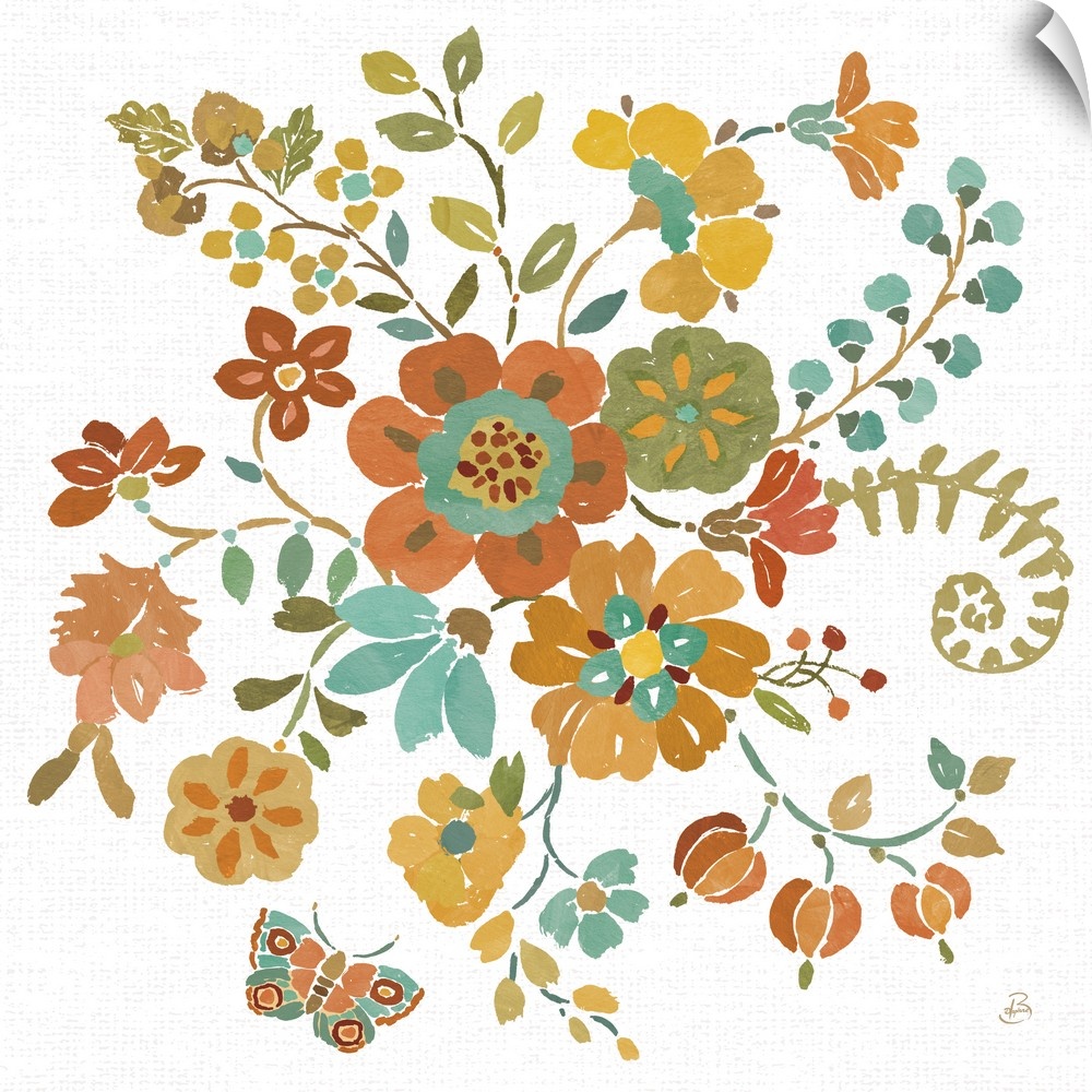 Illustrated Autumn flowers and a butterfly on a white, square background with faint, grey dots.