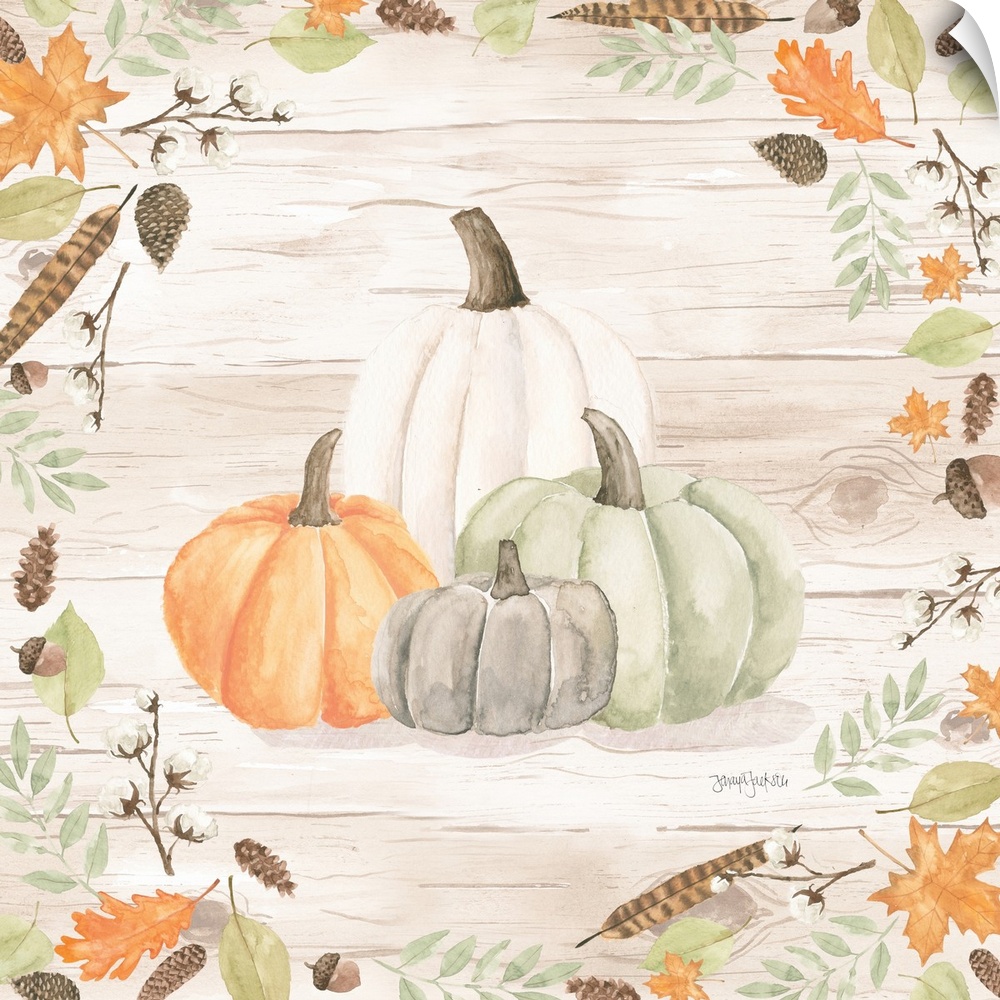 Decorative artwork of fall leaves framing a group of pumpkins and a white wood background.