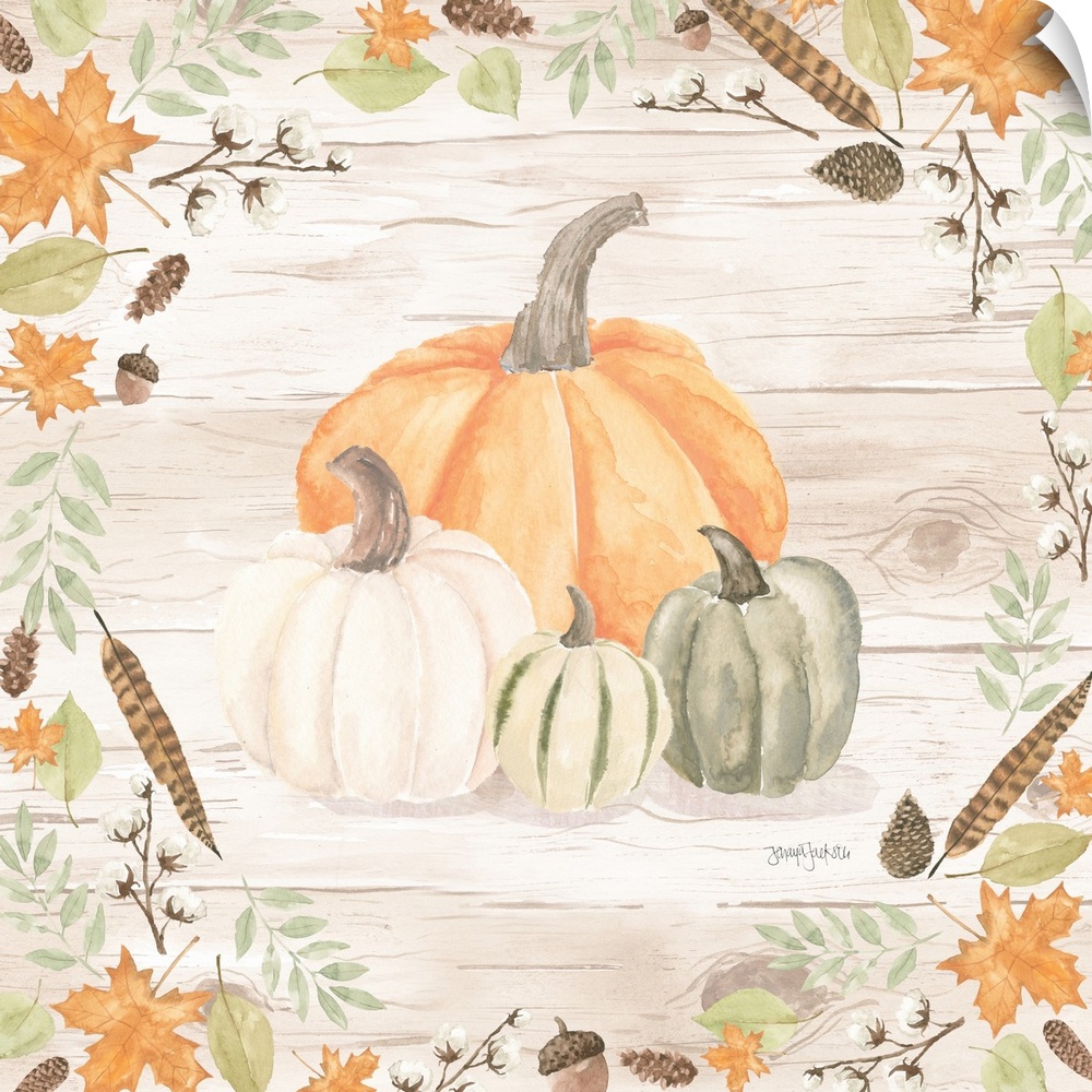 Decorative artwork of fall leaves framing a group of pumpkins and a white wood background.