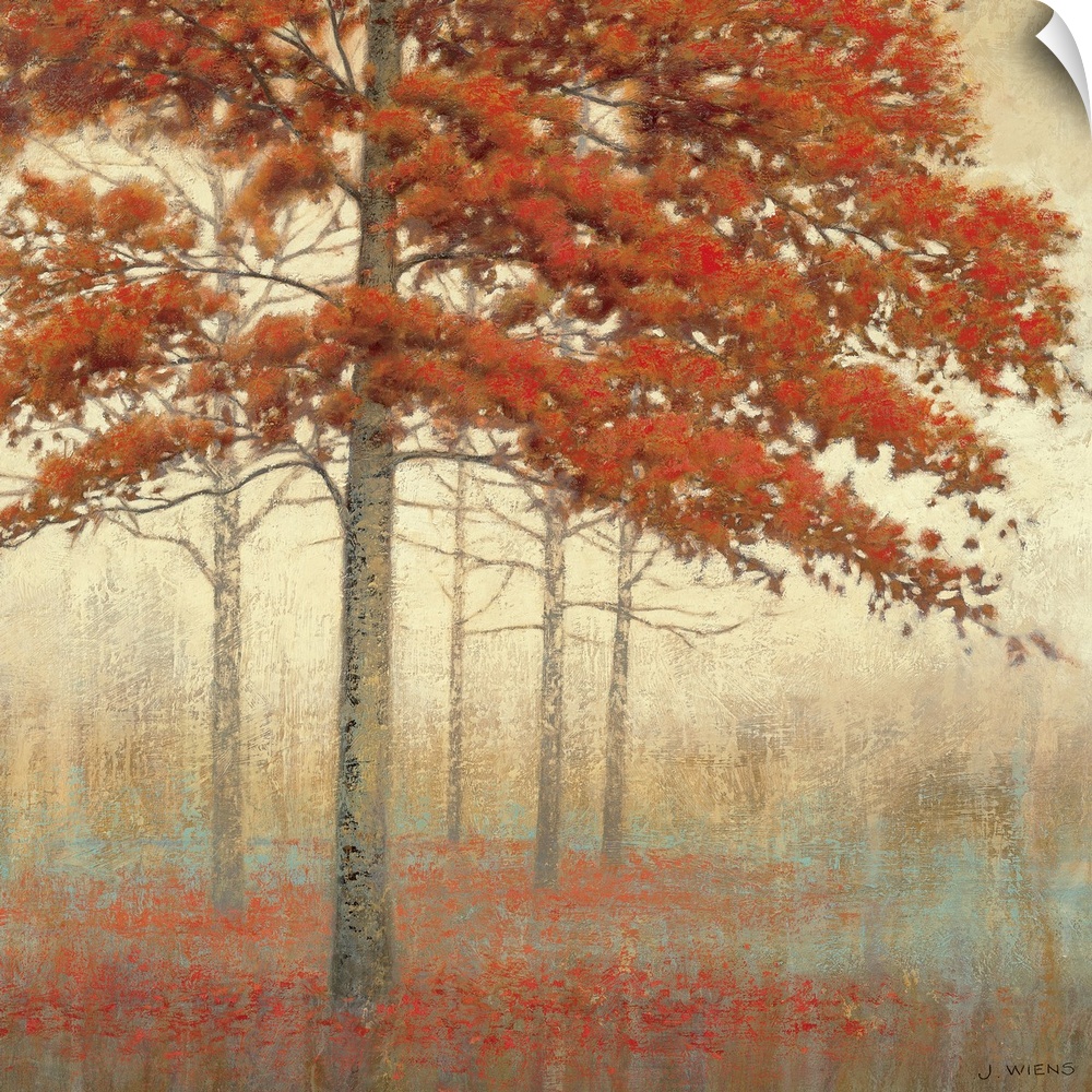 Brushstroke painting of a tree with fall colors in a small forest with a bed of flowers at it's base.