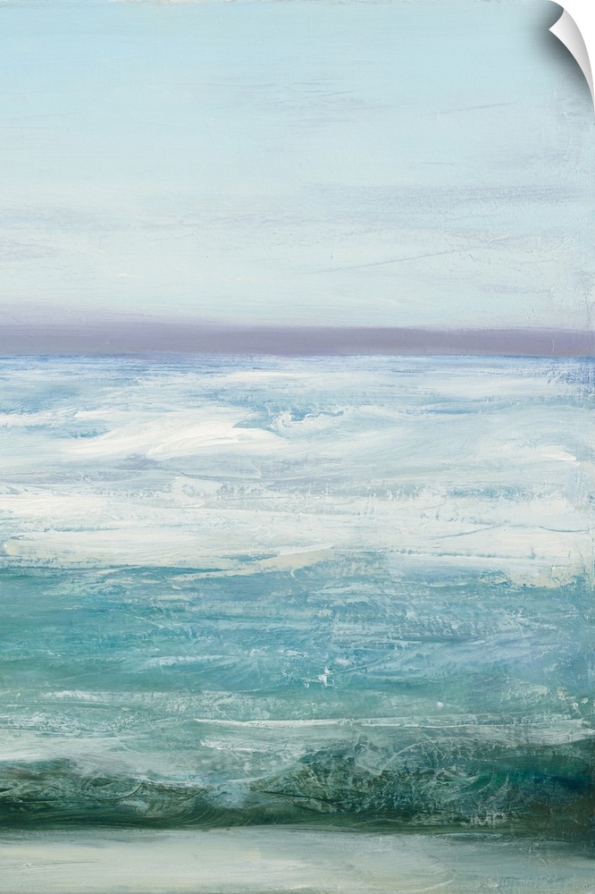 Contemporary artwork of textured brush strokes that carve out a serene ocean scene.