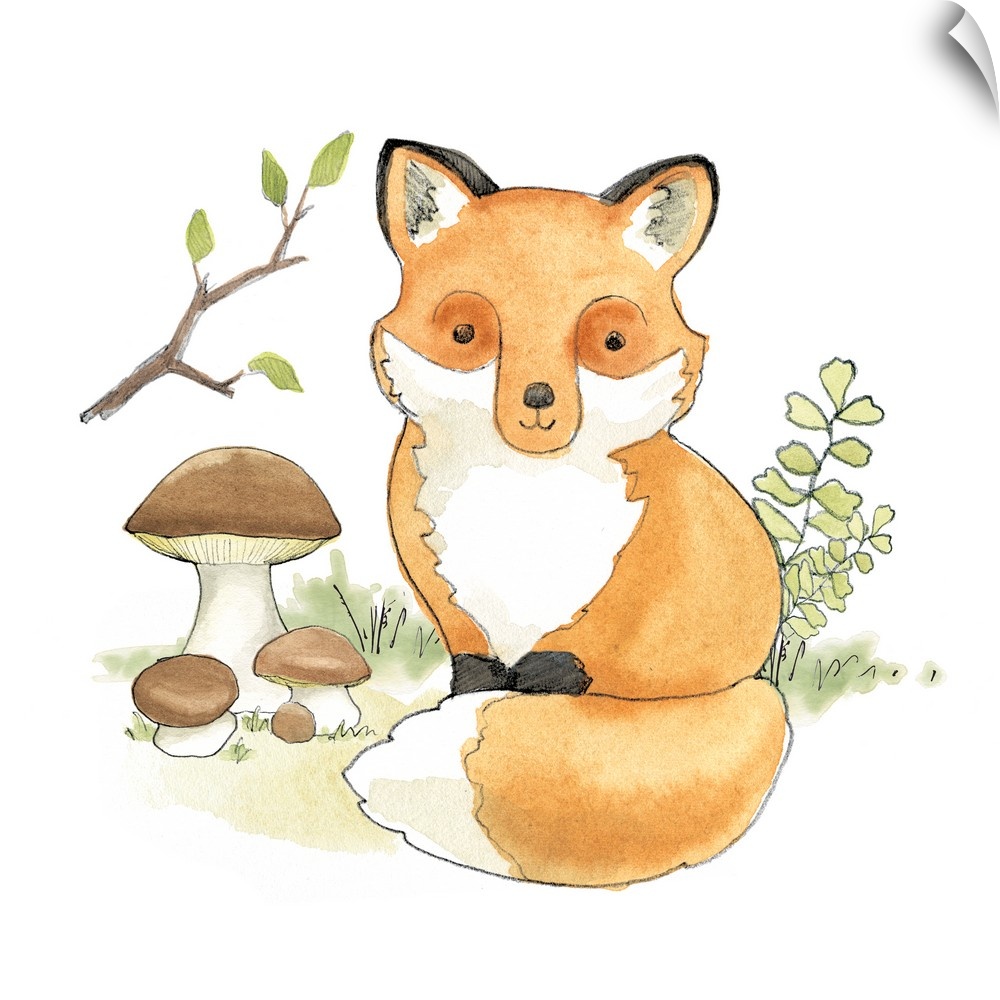 Watercolor painting of a baby fox surrounded by plants and mushrooms.