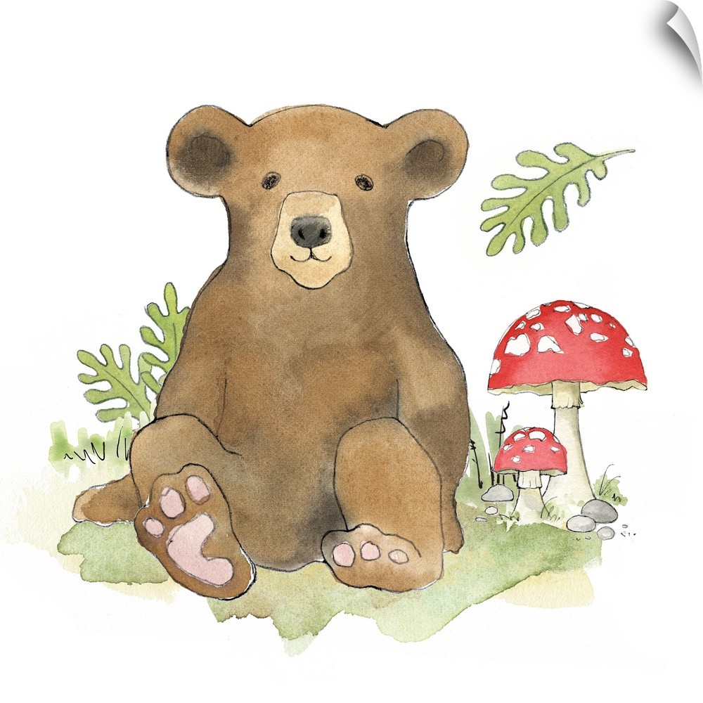 Watercolor painting of a baby brown bear surrounded by plants and mushrooms.