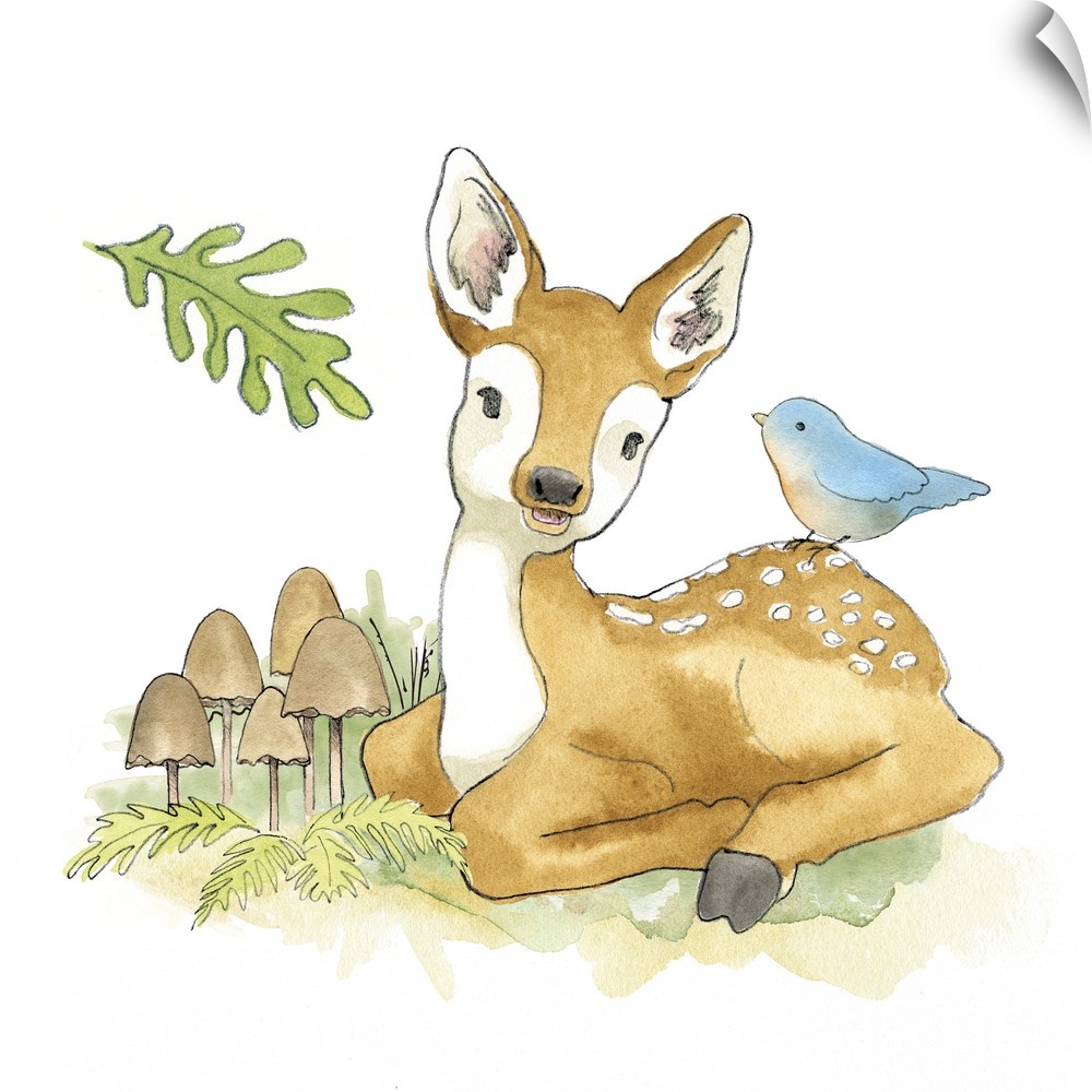 Watercolor painting of a fawn with a blue songbird surrounded by plants and mushrooms.