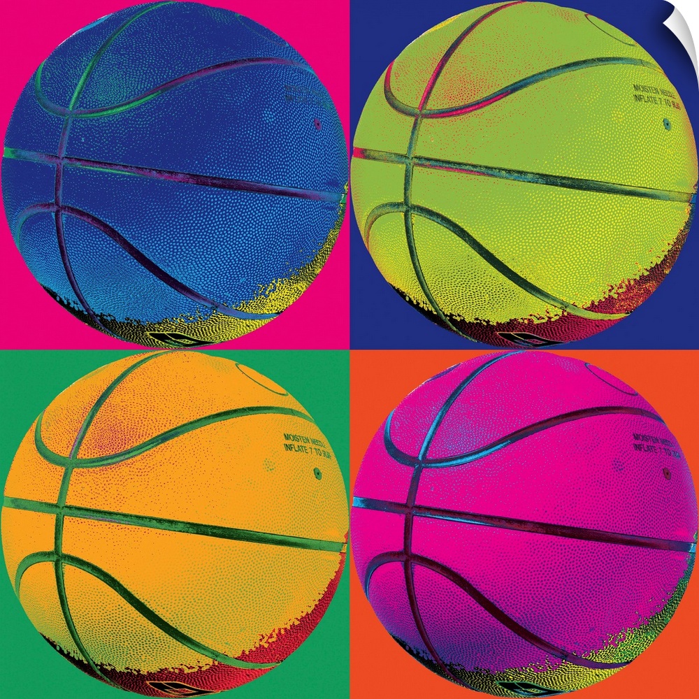 Pop-art image of four neon colored basketballs in a 2x2 grid layout.