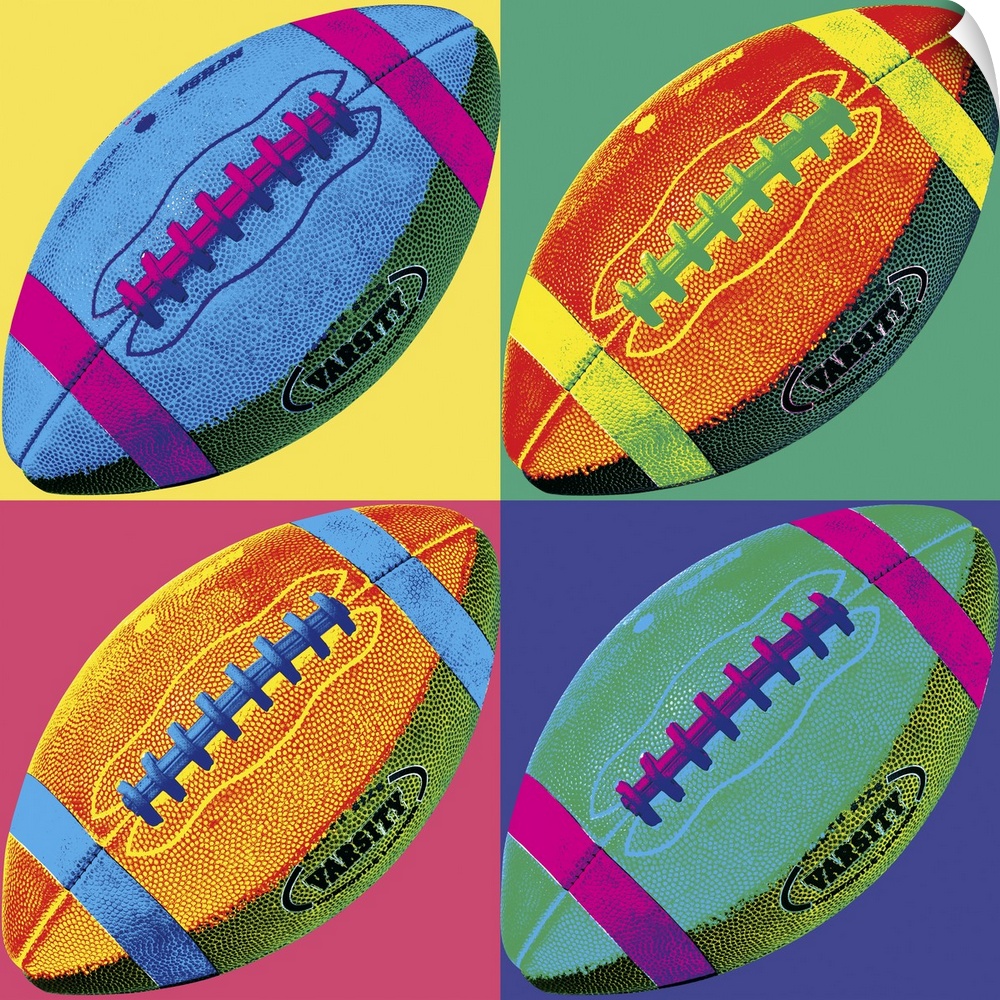 A pop art style rendering of a football copied in to four multi-colored squares.