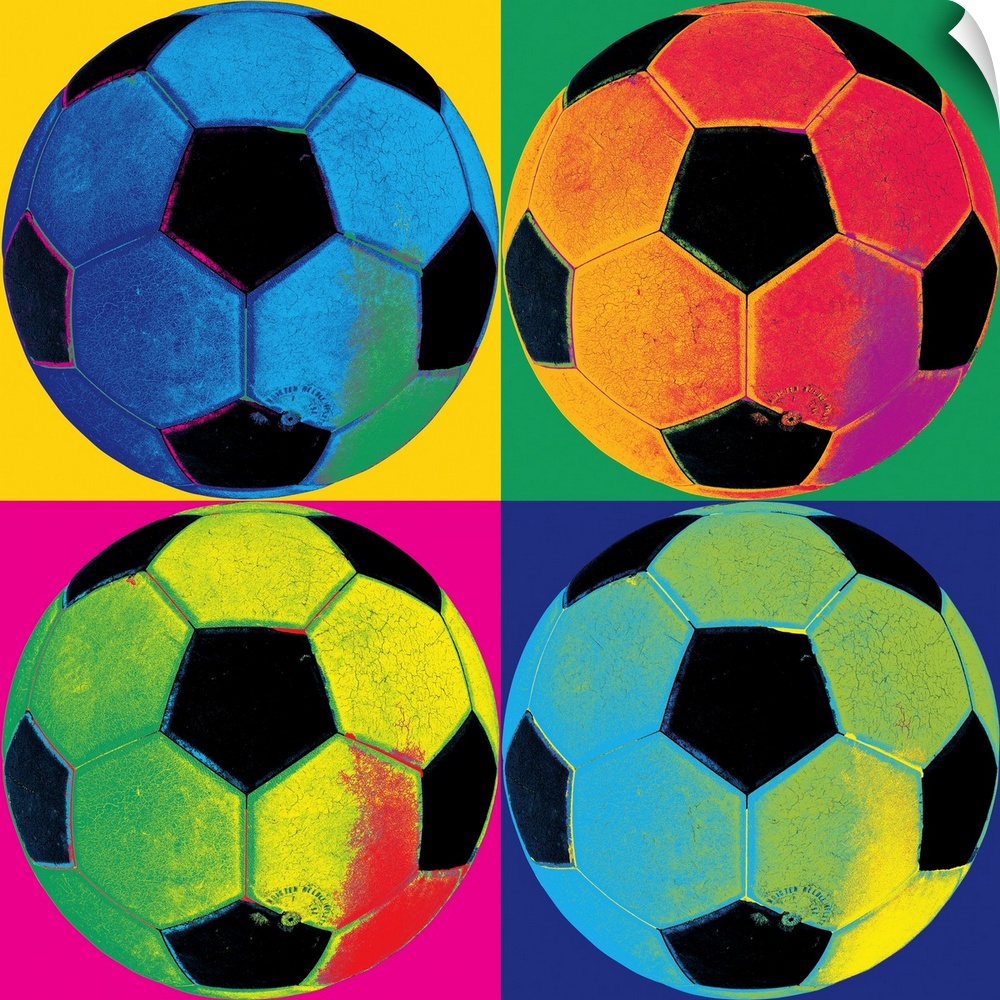 A square canvas of soccer balls of various neon colors in each of the four quadrants with a different color background sep...