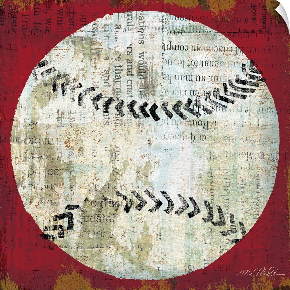 Square shaped and sports themed wall art; a simplified baseball painted on top of a collage of a text.