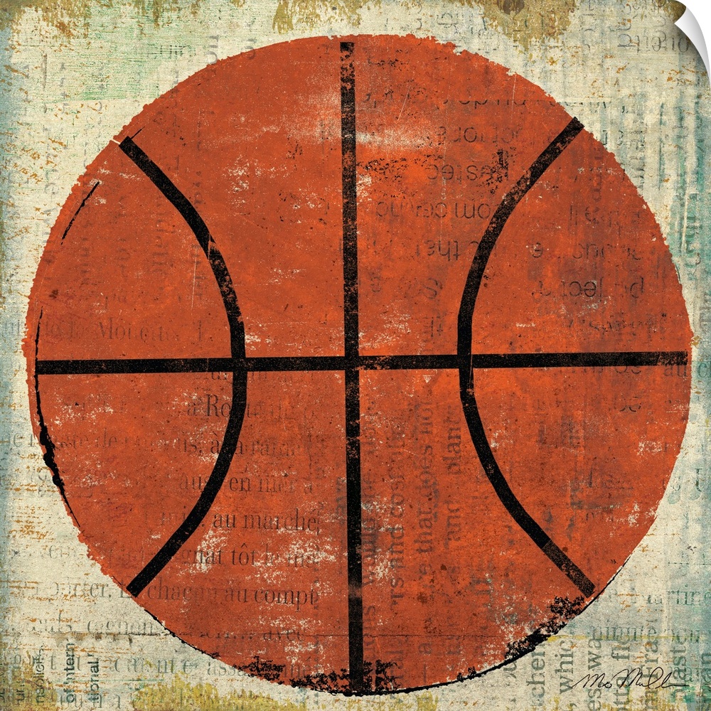 This square shaped wall art is perfect for a sport enthusiast shows a basketball painted over a collage of text.