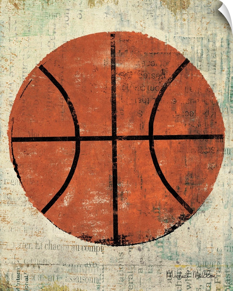 Contemporary artwork of a basketball against a weathered beige background.