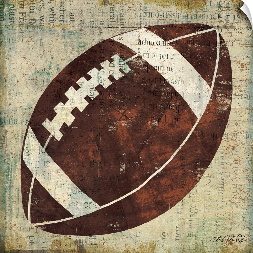 Home decor wall art that is square in shape. This artwork is a simplified American football painted over a collage of text.