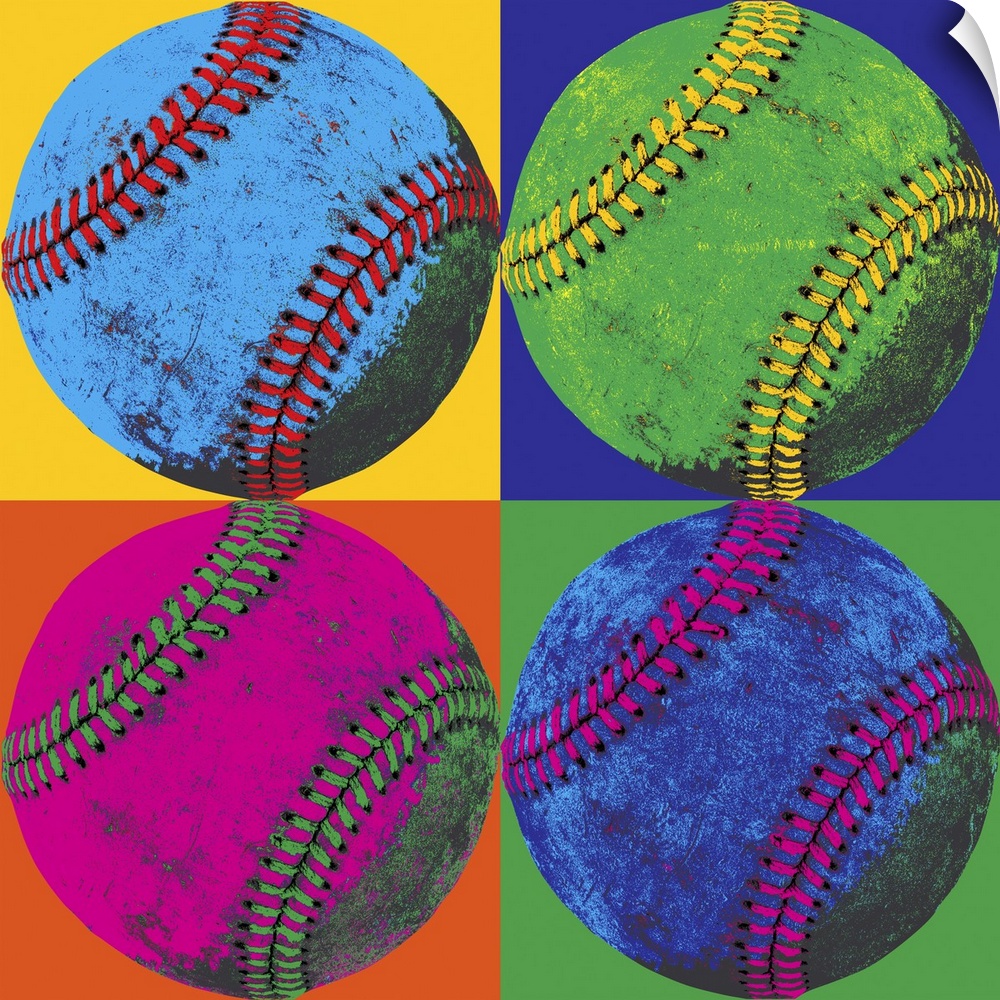 Pop-art photograph of four neon colored baseballs arranged in a grid pattern with colorful contrasting background.