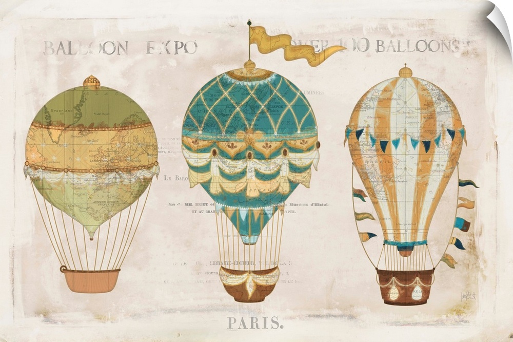 Illustration of colorful hot air balloons on a aged background with a faint map and writing.