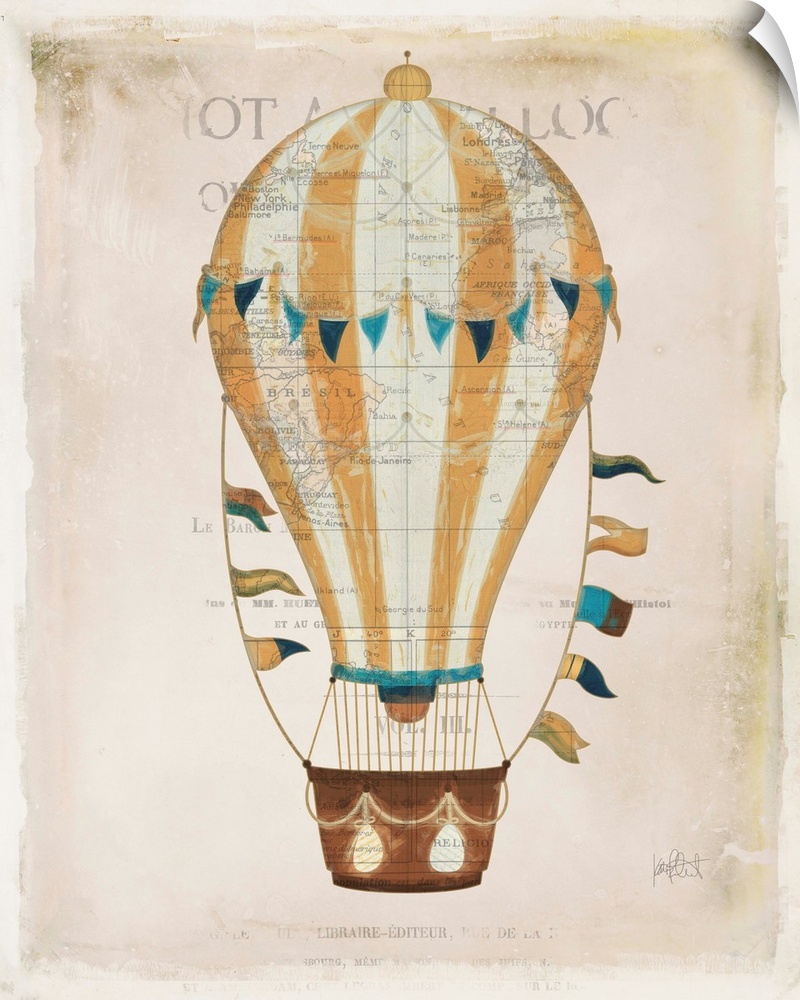 Illustration of a colorful hot air balloon on a aged background with a faint map and writing.