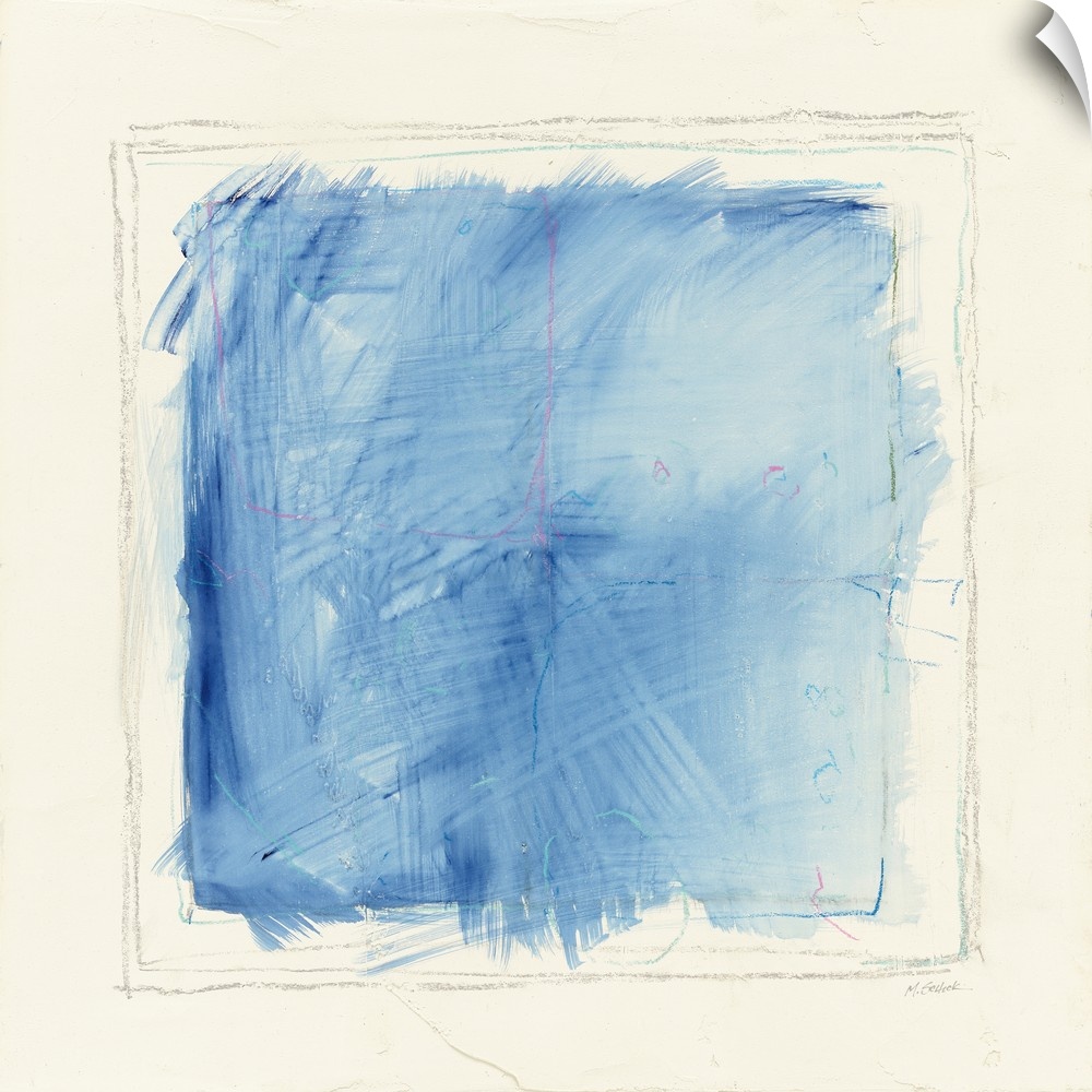 Abstract artwork with a blue square inside of pencil drawn squares on a white square background.