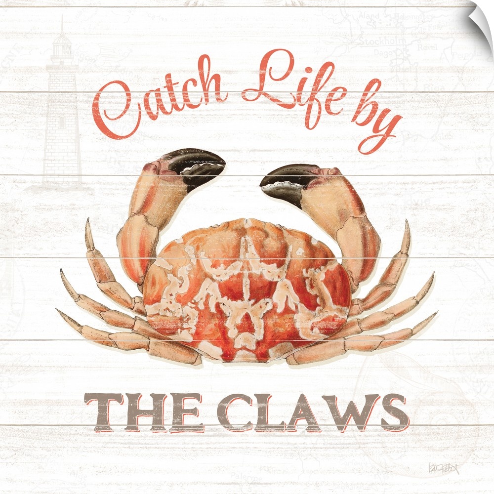 Square beach decor with "Catch Life by The Claws" written around an illustration of a crab, on a white wooden background.